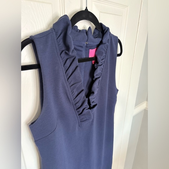 Lilly Pulitzer Tisbury Knit V-Neck Ruffle Sheath Dress | Navy | Size Medium - Picture 6 of 12